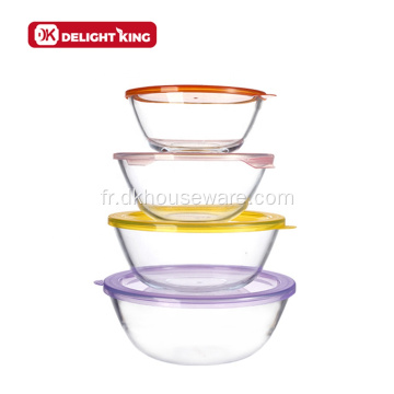 5 bols à mélanger en verre avec couvercles, accessoires imbriqués